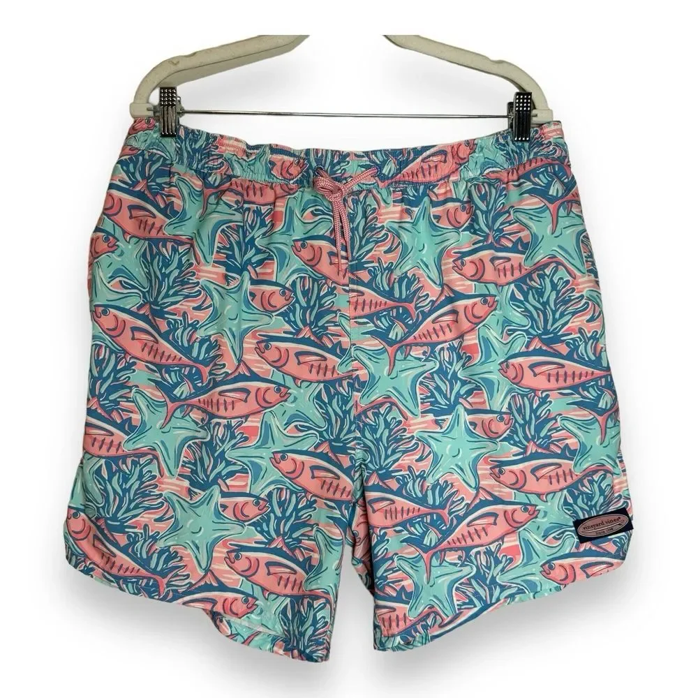 Vineyard Vines Swim Trunks Mens XL Blue Pink Fish Starfish All Over‎ Print